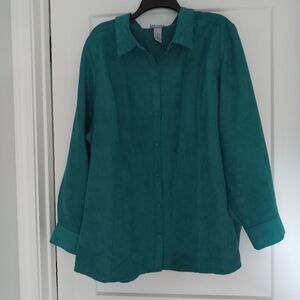 Catherines Kelly Green Chamois Button Down Shirt Long Sleeves Excellent 3X